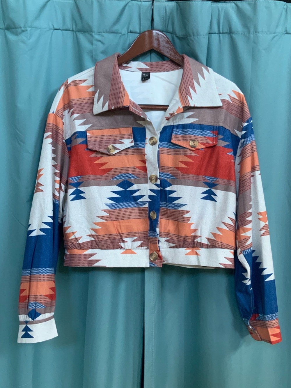 Aztec Print Cropped Button-Up Jacket - Blue, Orange, White